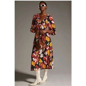 Anthropologie Maeve Deep-V Ruched Midi Floral Multicolor Midi Dress. Size 8